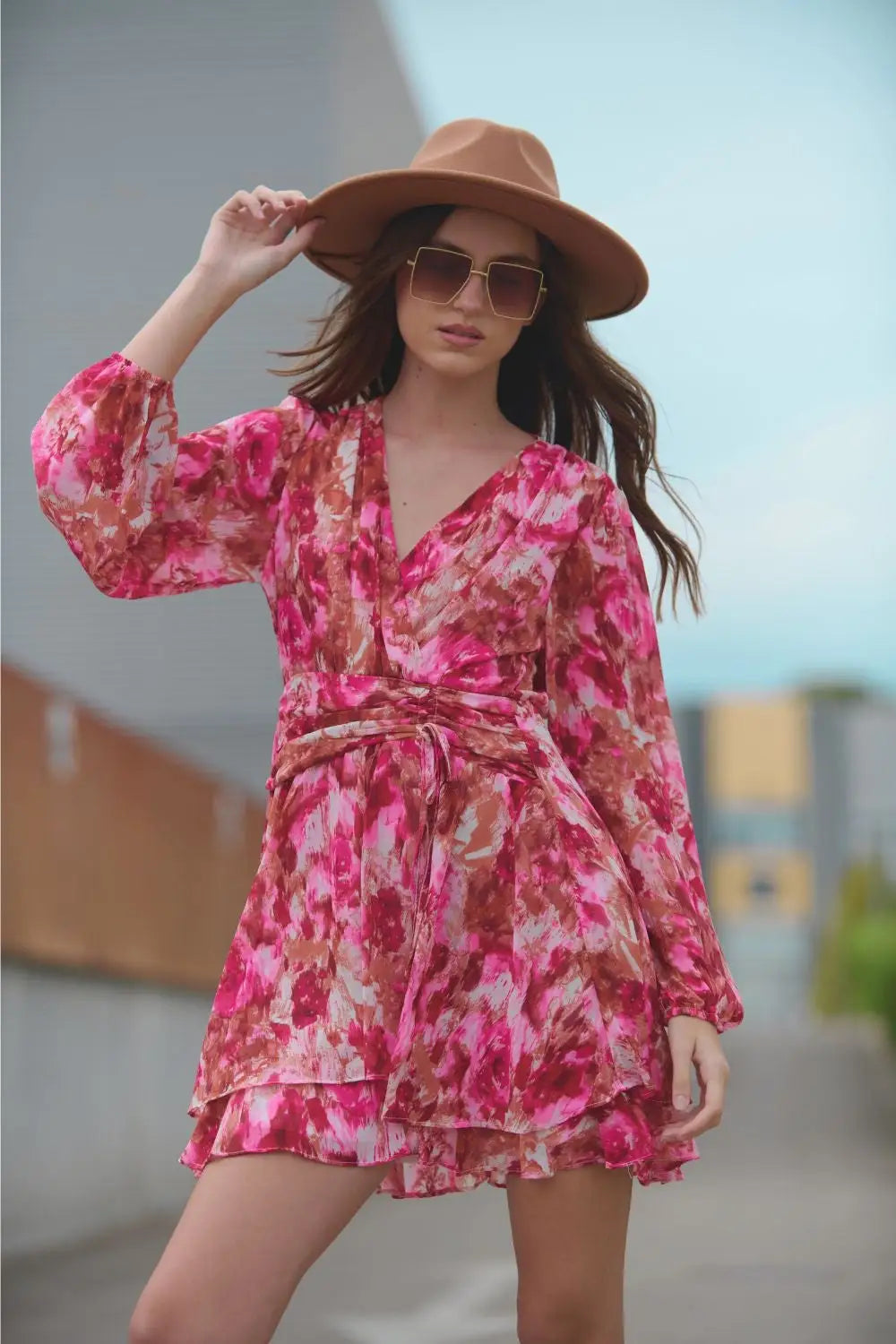 Q2 Abstract Print Mini V Neck Dress With Rouche at Waist