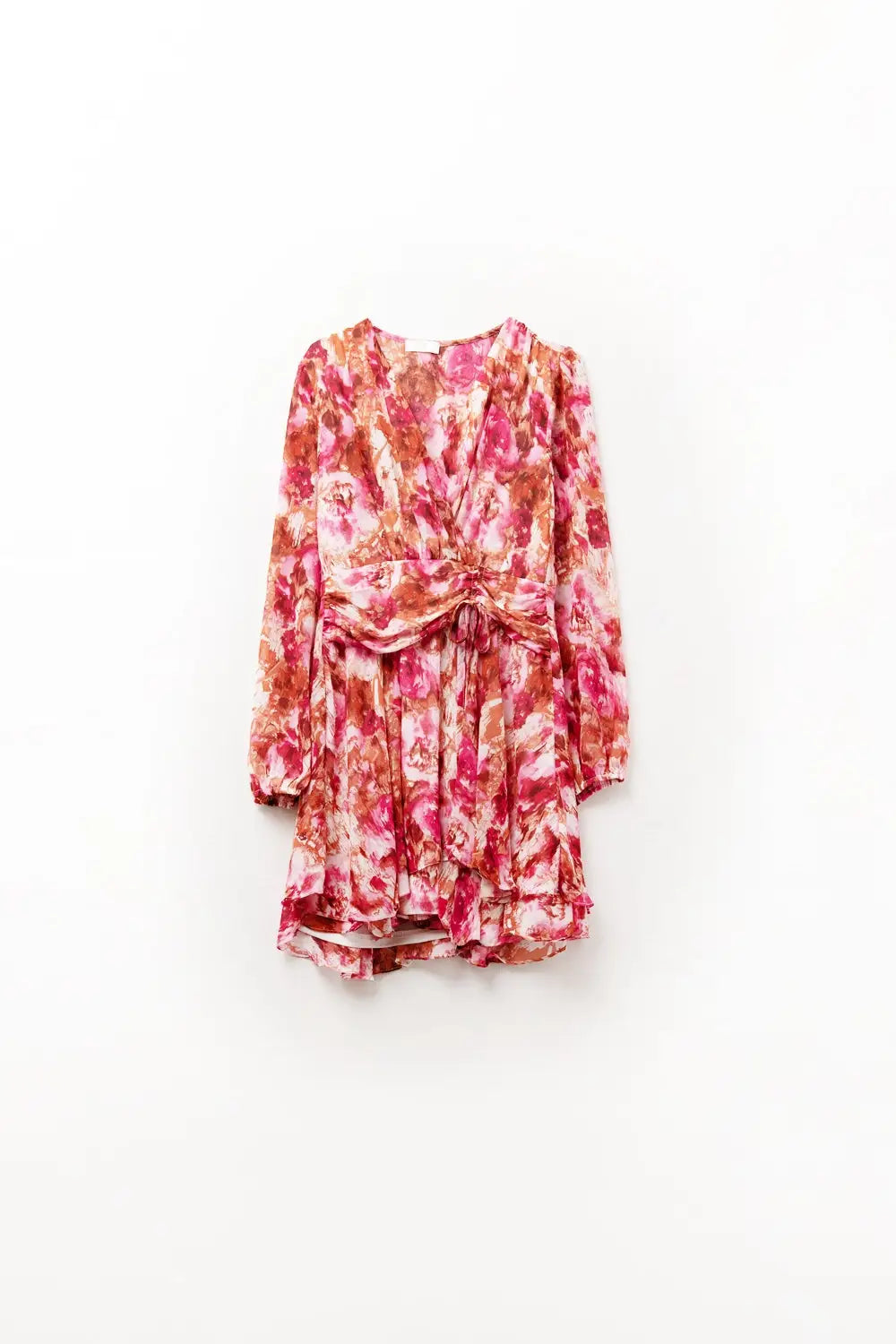 Abstract Print Mini V Neck Dress With Rouche at Waist - Dresses