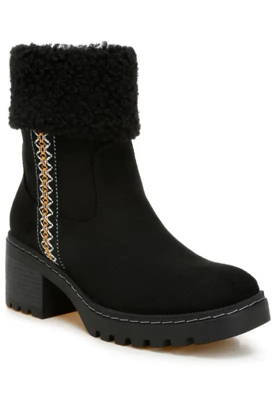 Woolly Faux Fur & Embroidery Detail Boots - Black / US-5 / UK-3 / EU-36 - Shoes