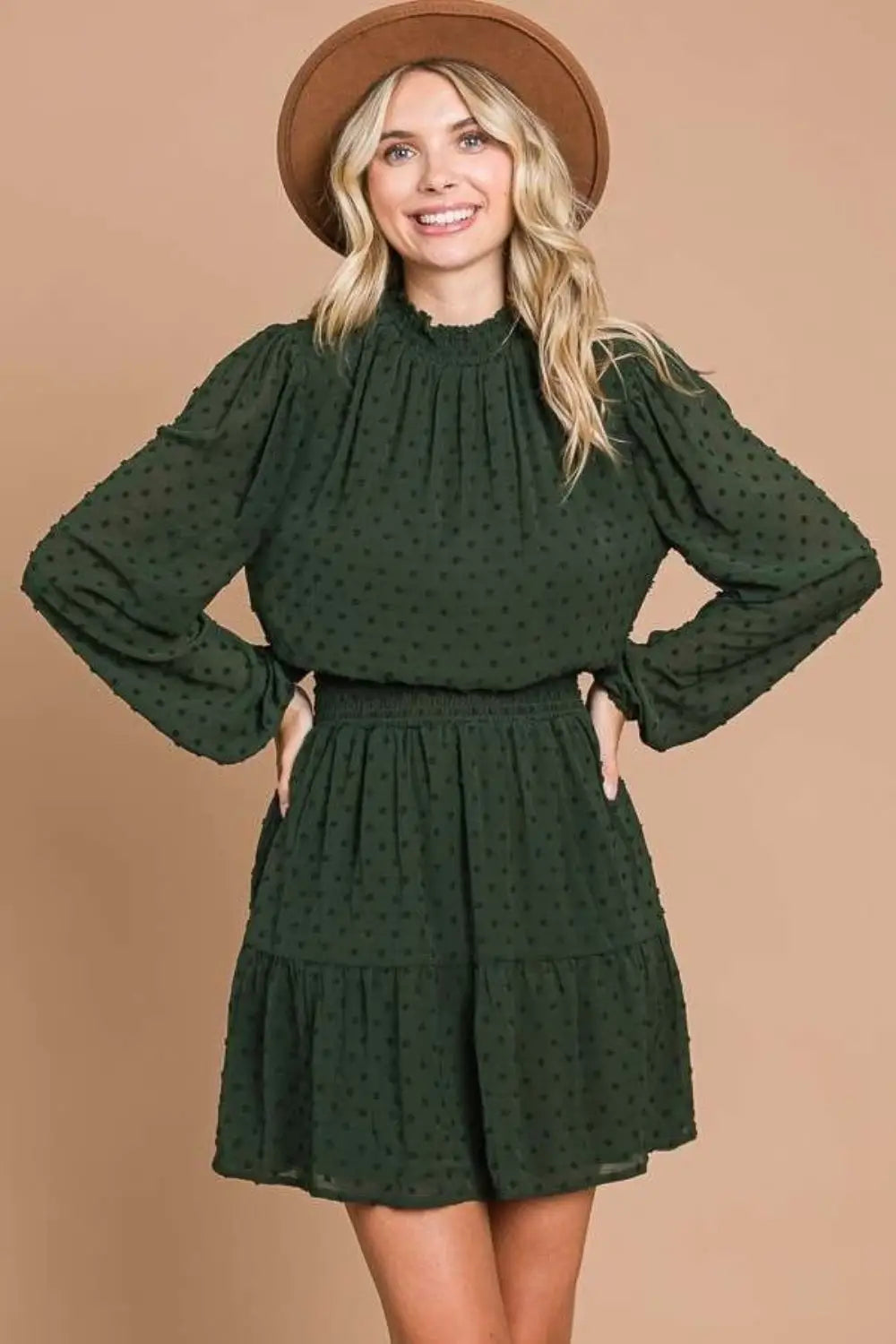 Dark Olive Swiss Dot Mini Dress with Pockets - D.Olive / S - Dresses