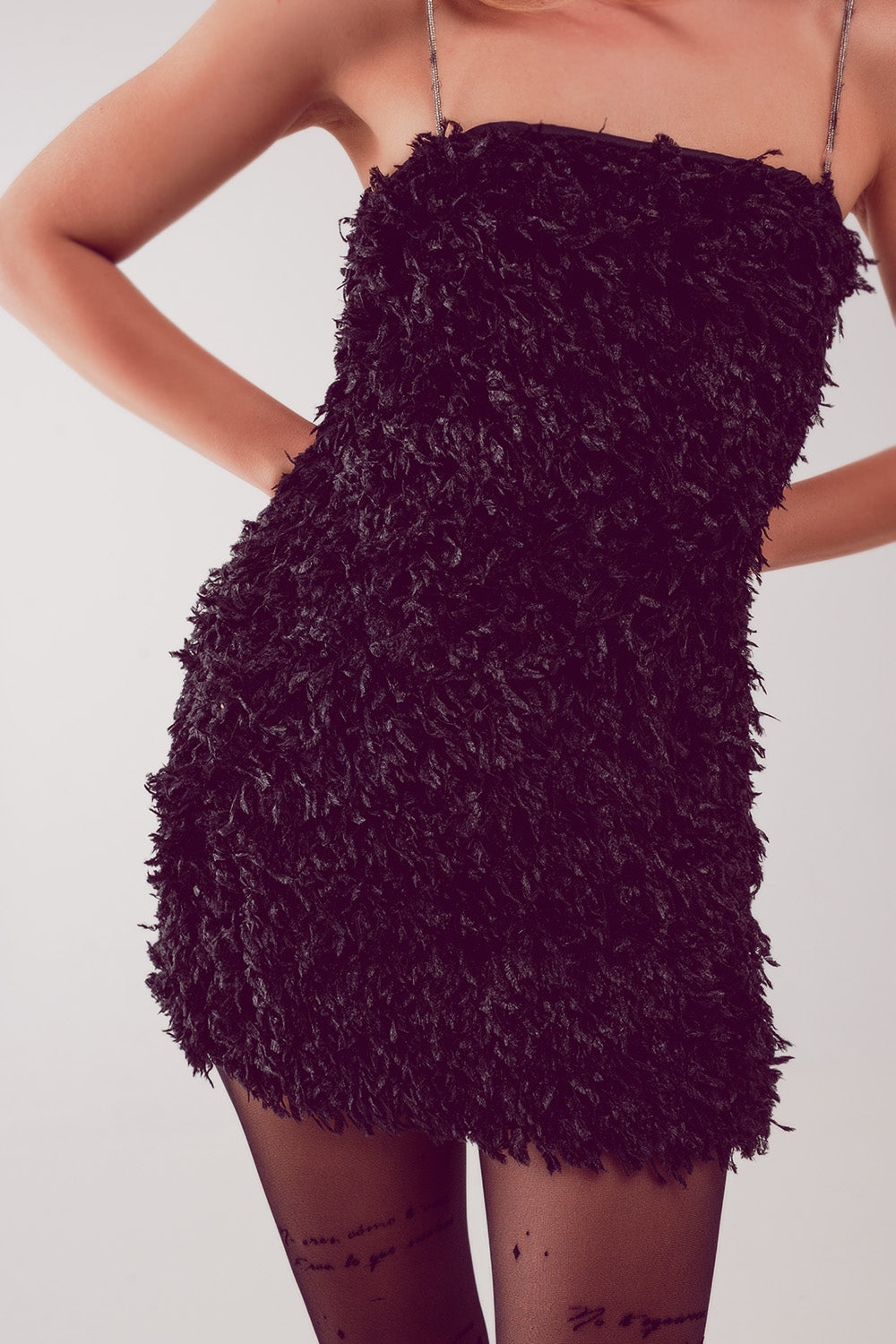 All over faux feather sleeveless mini dress in black