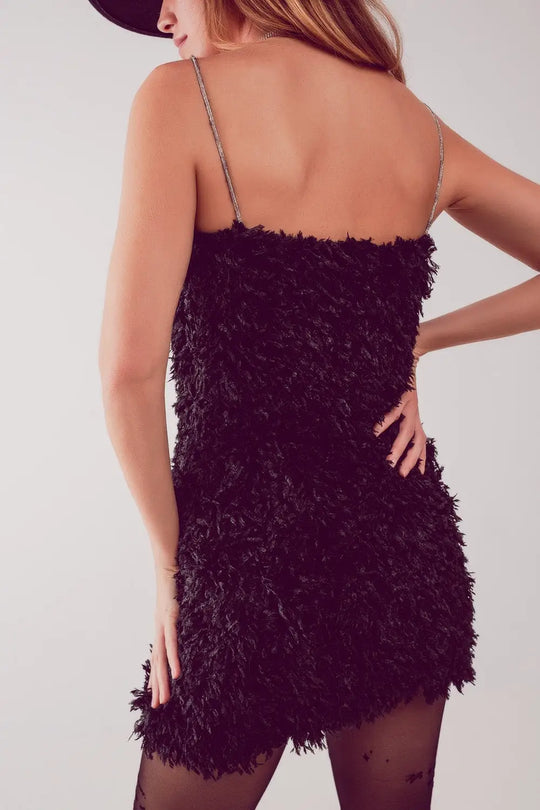 All over faux feather sleeveless mini dress in black - Dresses