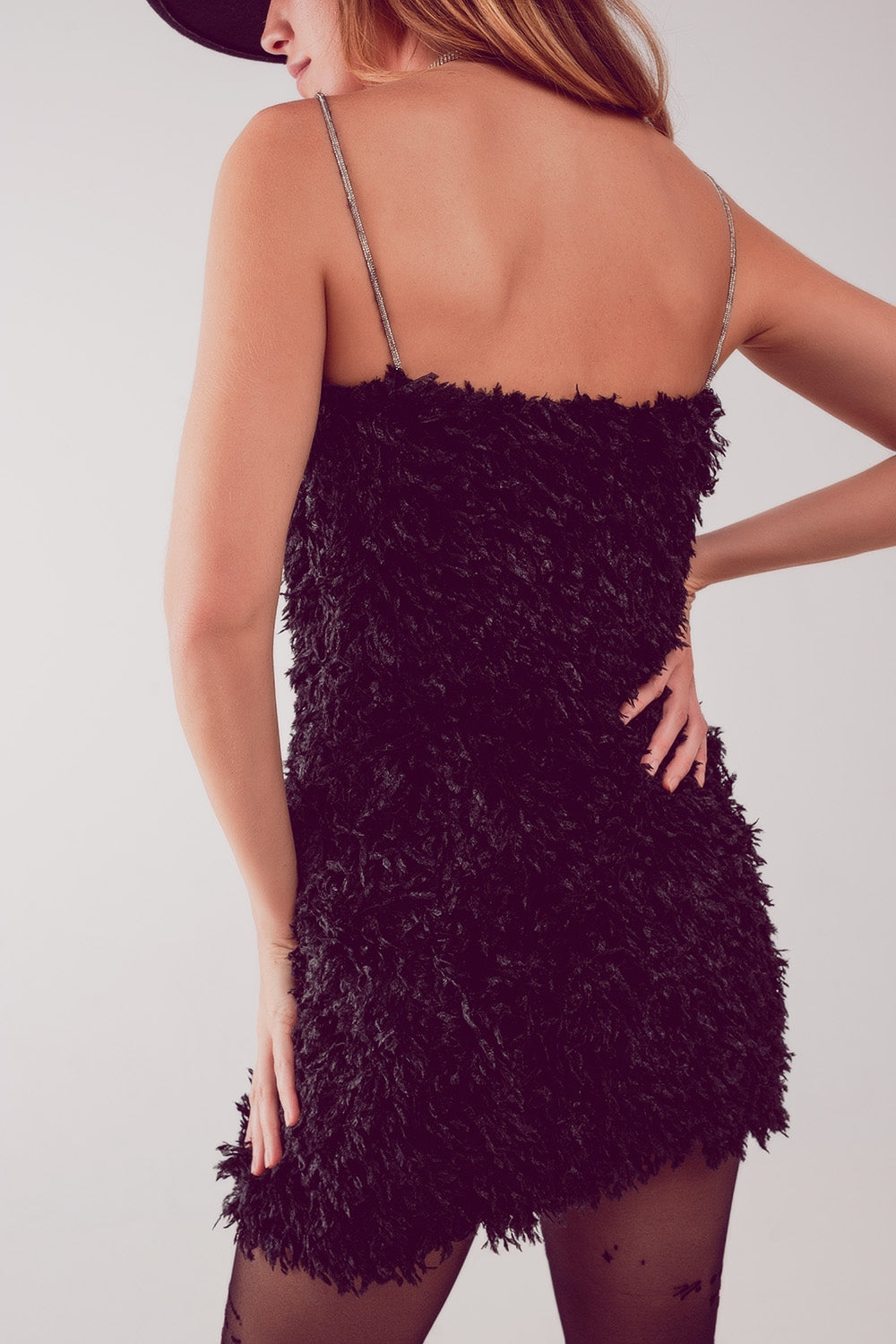 All over faux feather sleeveless mini dress in black