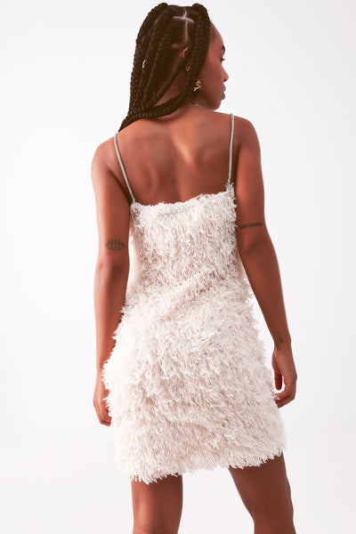 All over faux feather sleeveless mini dress in cream