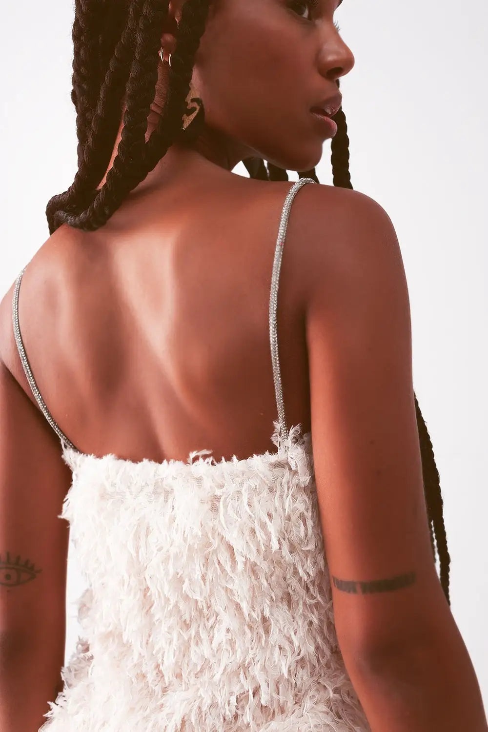 All over faux feather sleeveless mini dress in cream - Dresses