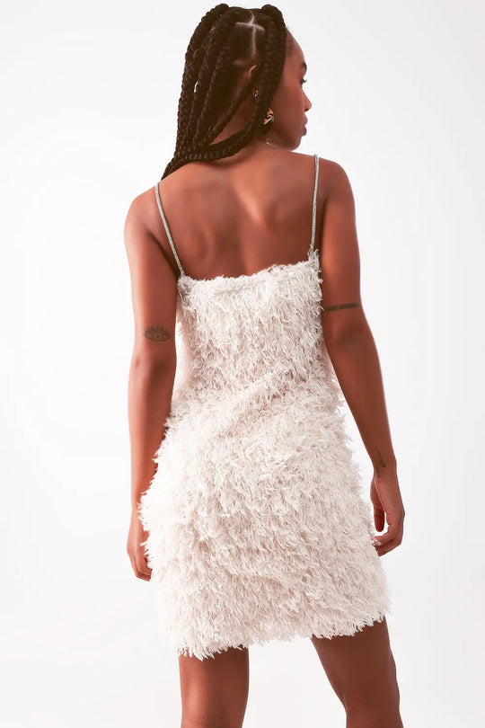 All over faux feather sleeveless mini dress in cream - Dresses