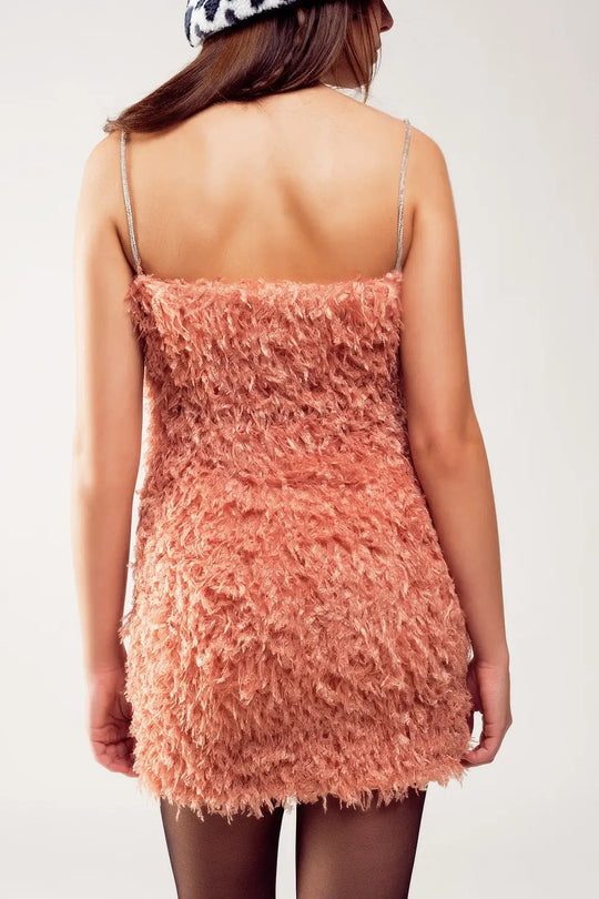All over faux feather sleeveless mini dress in pink - Dresses