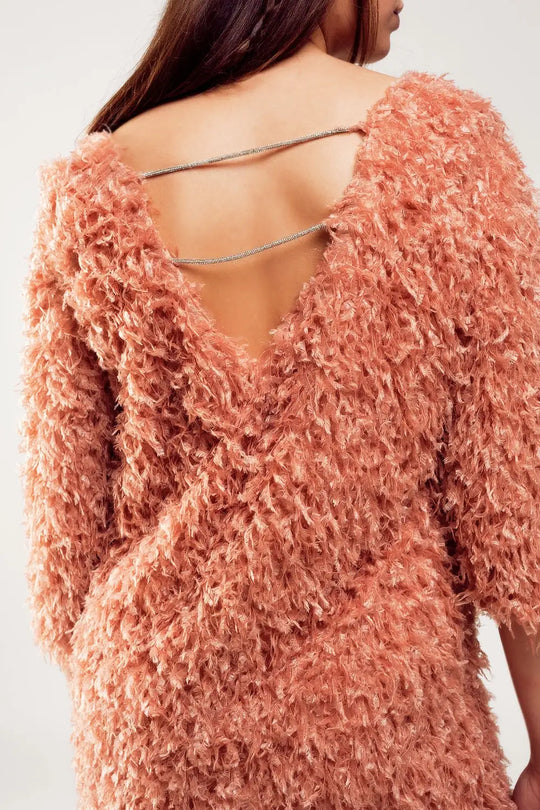 All over faux feather three quarter sleeve mini dress in pink - Dresses