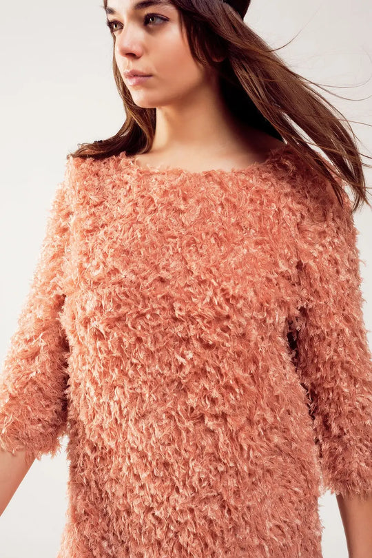 All over faux feather three quarter sleeve mini dress in pink - Dresses