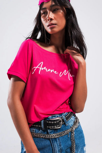 Amore mio slogan tee in fuchsia - One Size / Fuchsia - Tops
