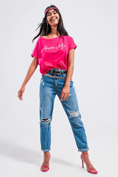 Amore mio slogan tee in fuchsia - One Size / Fuchsia - Tops