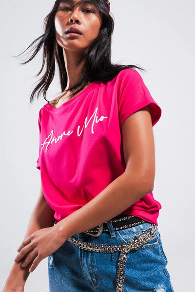 Amore mio slogan tee in fuchsia - One Size / Fuchsia - Tops