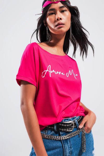 Amore mio slogan tee in fuchsia - One Size / Fuchsia - Tops