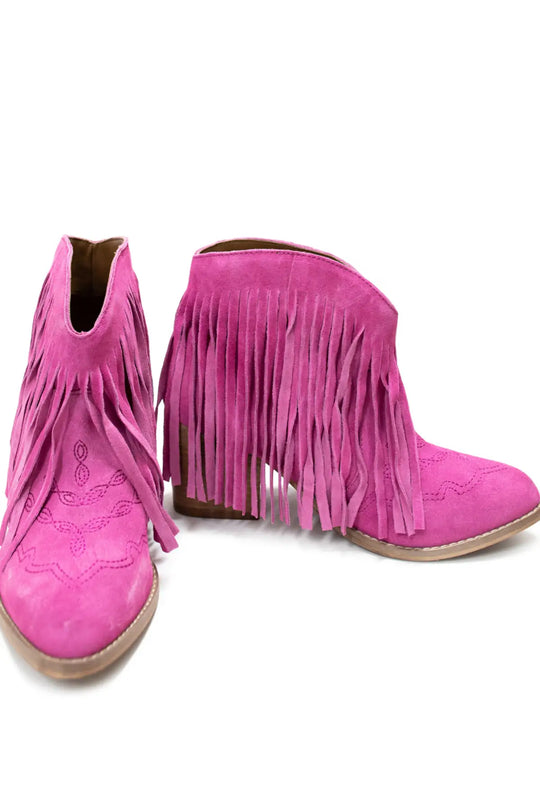 Amos Fringe Ankle Bootie in Magenta Suede - 110 Fashion Boots