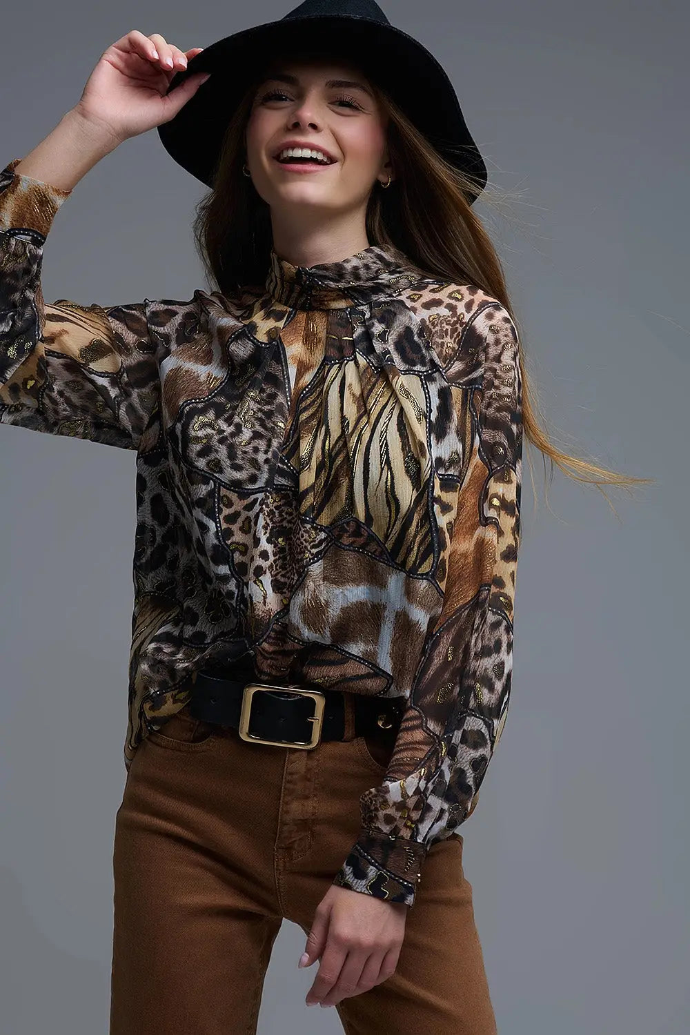 Q2 animal print chiffon shirt with gold details