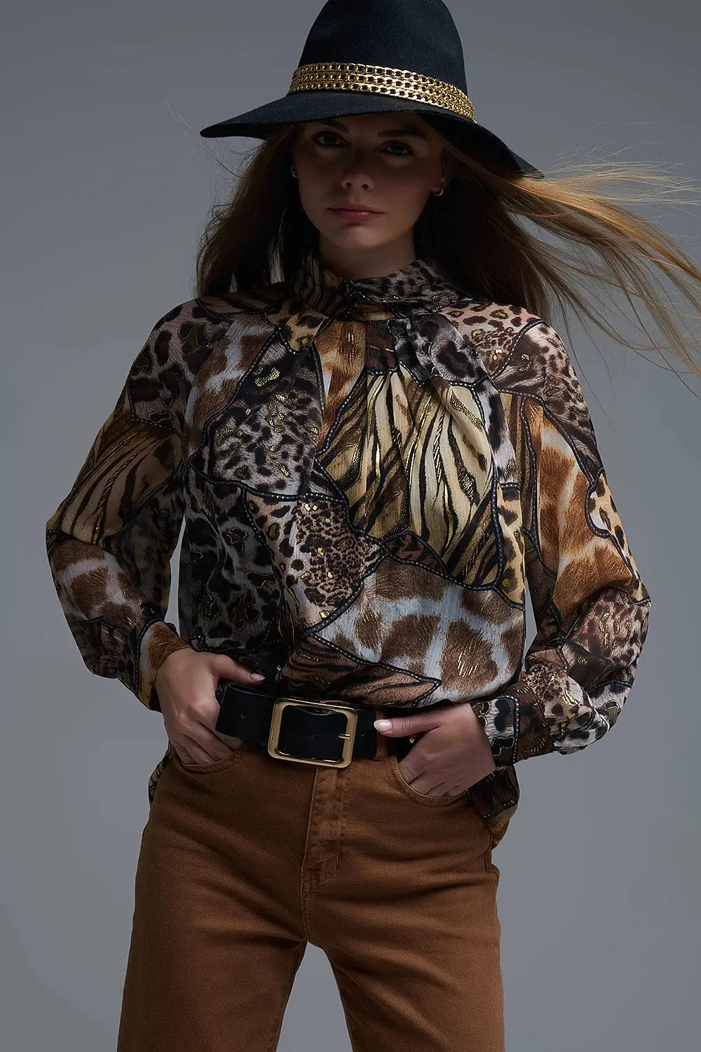 animal print chiffon shirt with gold details - Shirts