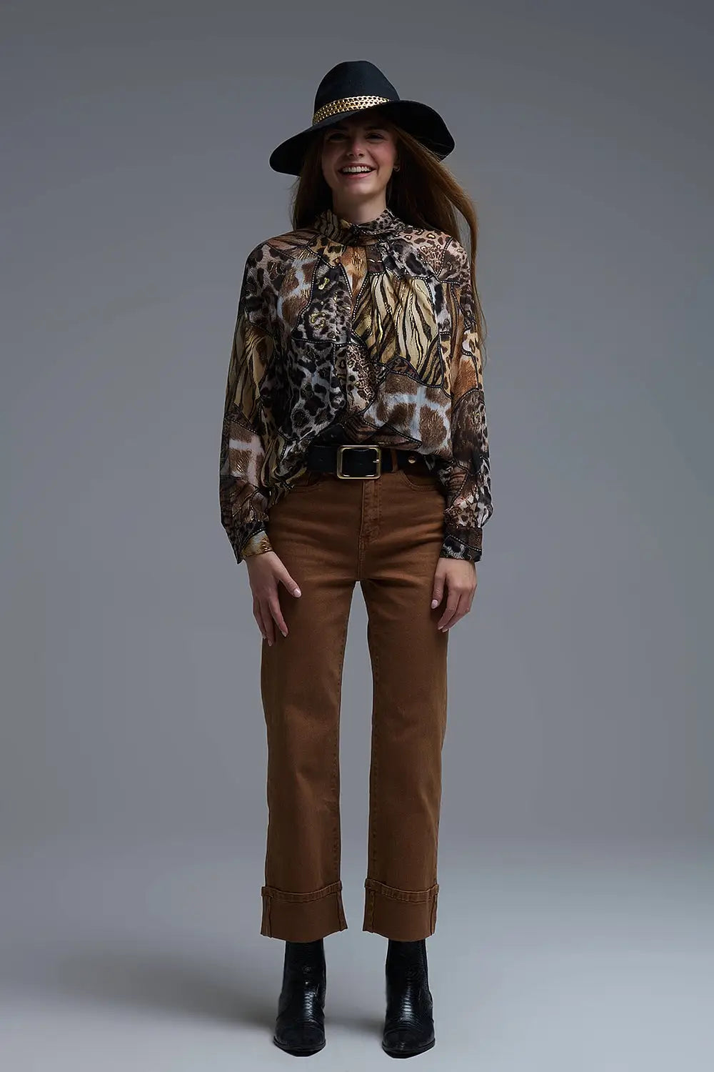 animal print chiffon shirt with gold details - Shirts