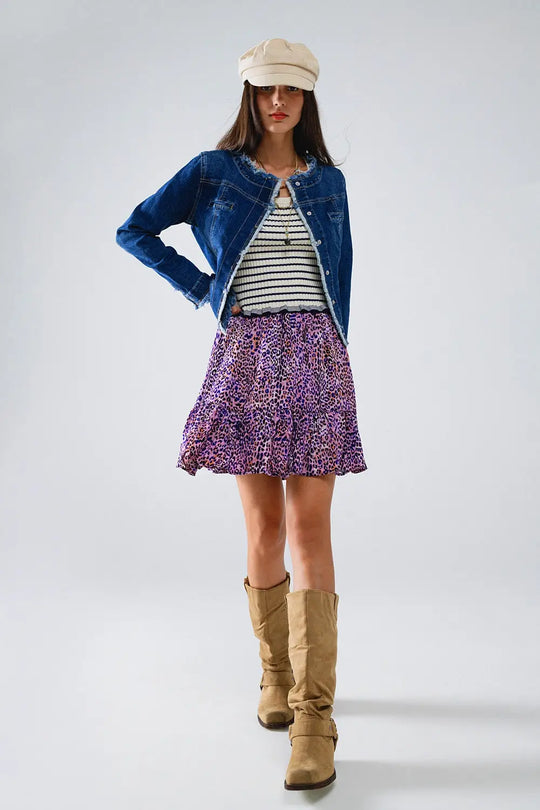 Animal Print Purple Mini Skirt With Ruffle - Skirts