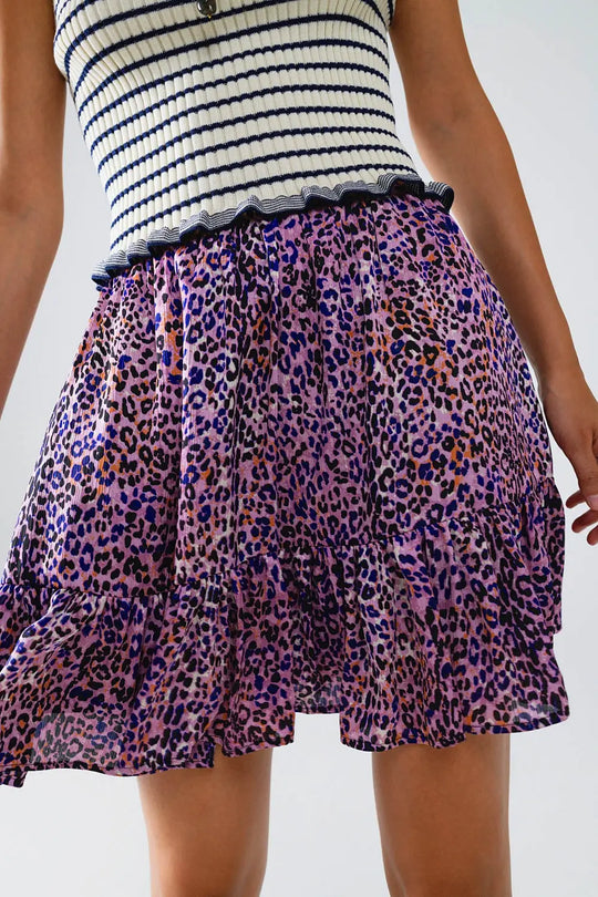 Animal Print Purple Mini Skirt With Ruffle - Skirts