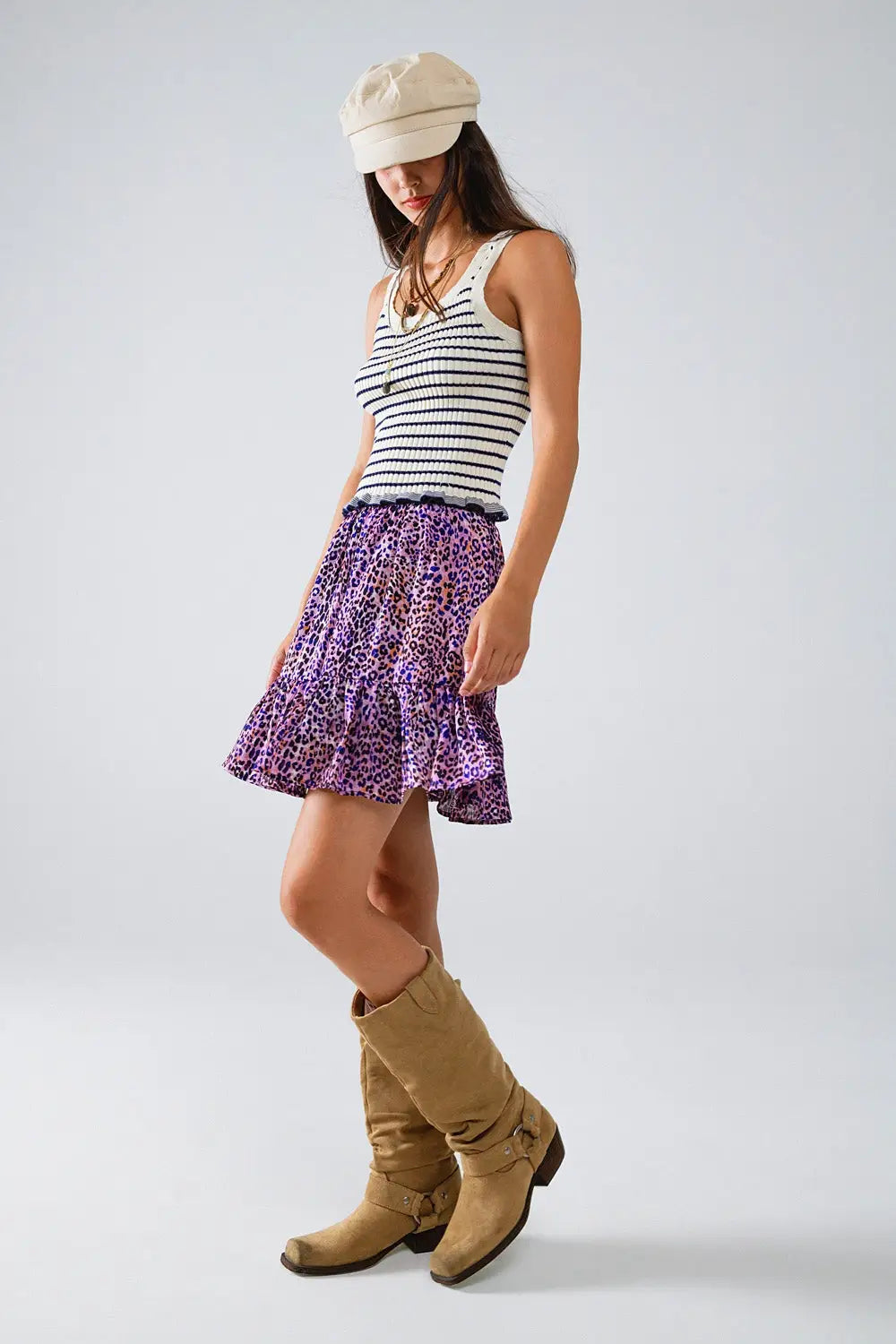 Animal Print Purple Mini Skirt With Ruffle - Skirts