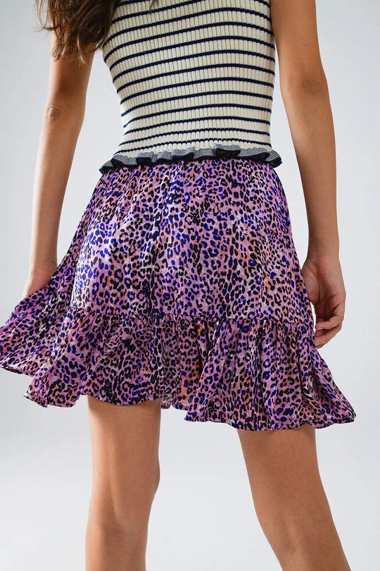 Animal Print Purple Mini Skirt With Ruffle - Skirts