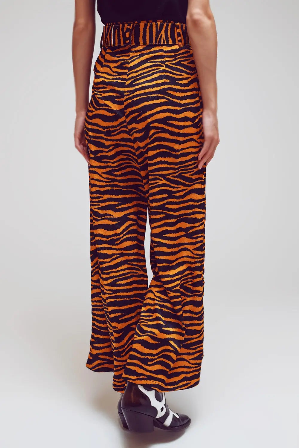 Animal Print Straight Leg Pants With Wide Buckle Belt - Pants