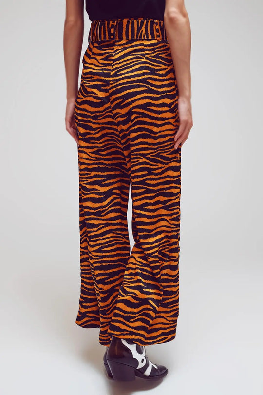 Animal Print Straight Leg Pants With Wide Buckle Belt - Pants