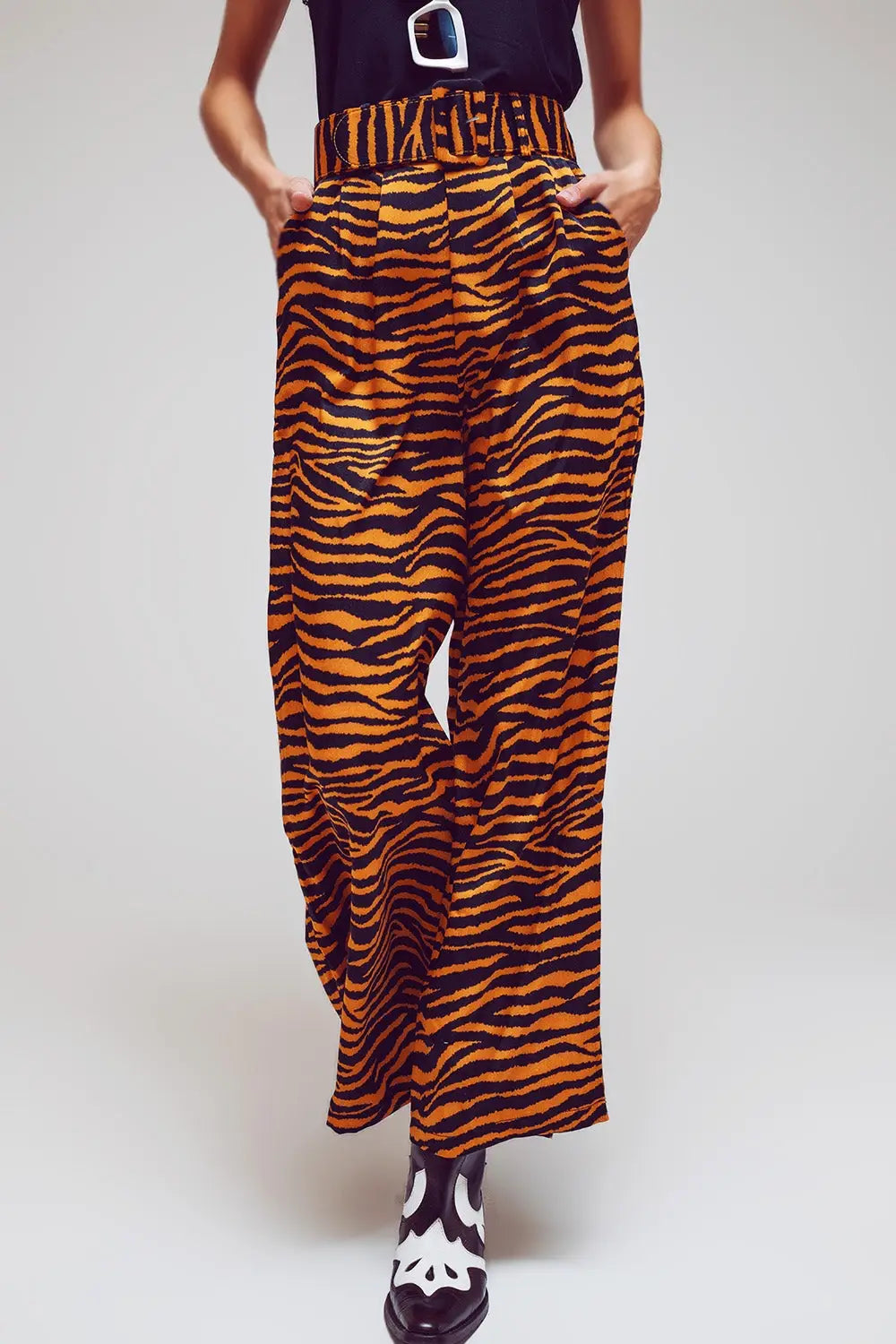 Animal Print Straight Leg Pants With Wide Buckle Belt - Pants