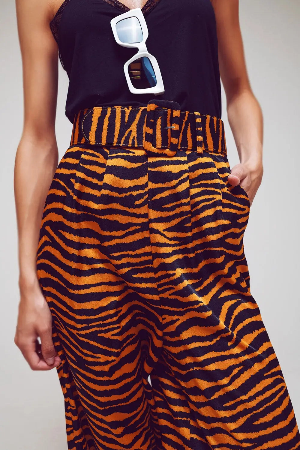 Animal Print Straight Leg Pants With Wide Buckle Belt - Pants