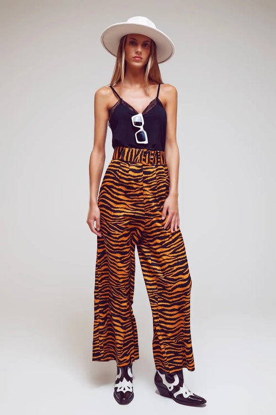 Animal Print Straight Leg Pants With Wide Buckle Belt - Pants