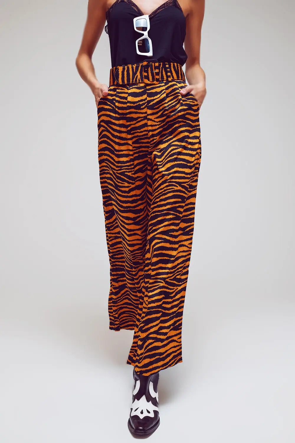 Animal Print Straight Leg Pants With Wide Buckle Belt - Pants