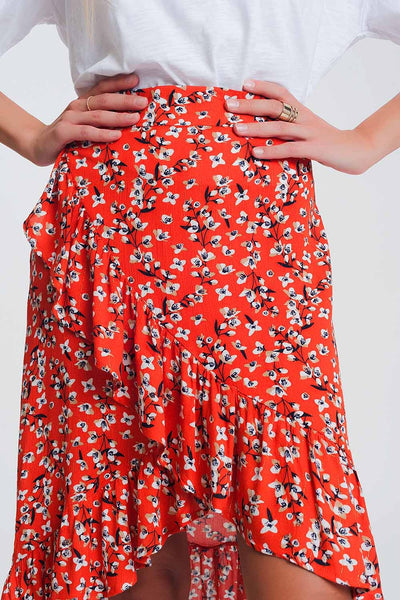 asymetric wrap printed red skirt