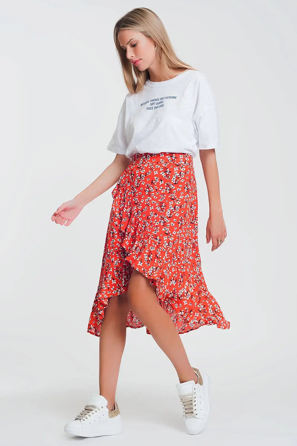 asymetric wrap printed red skirt - Skirts
