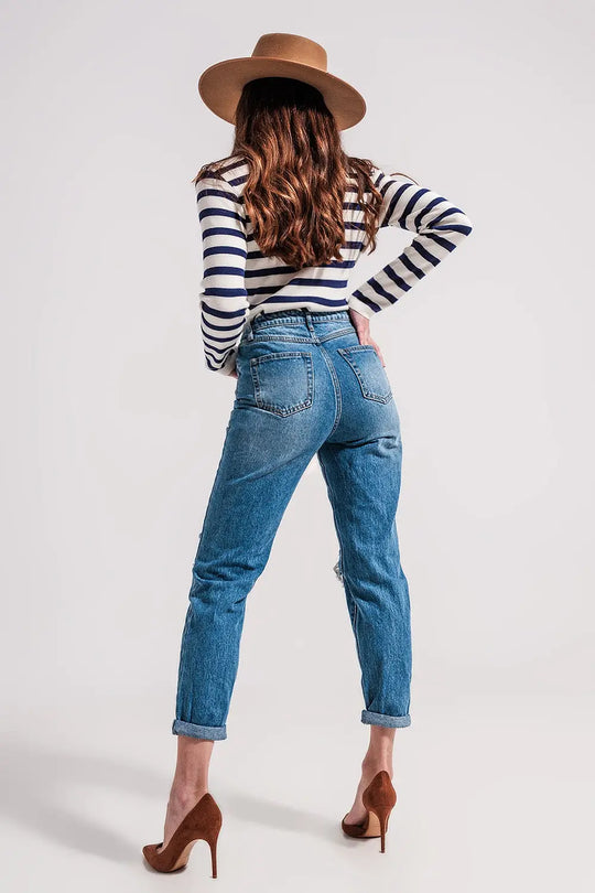 Asymmetric button detail jeans in mid blue - Jeans