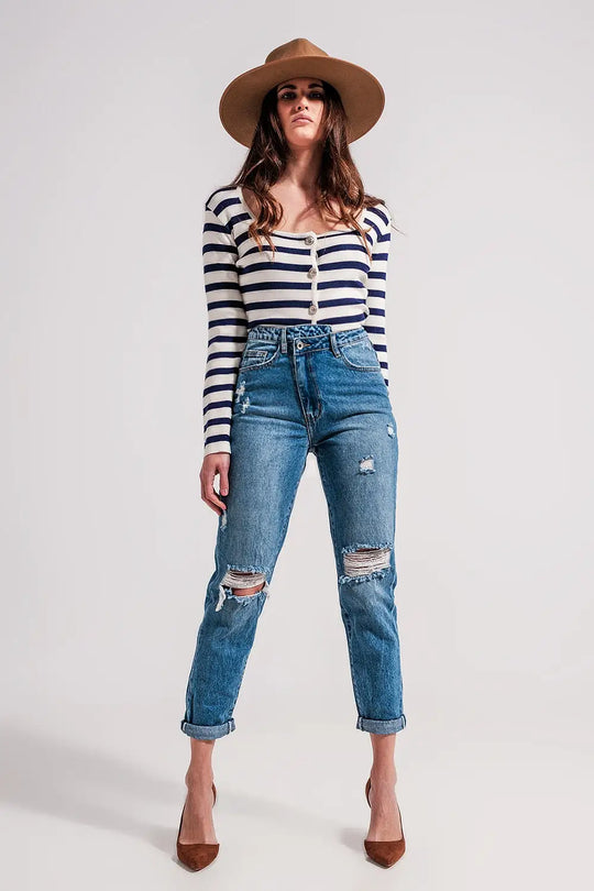 Asymmetric button detail jeans in mid blue - Jeans