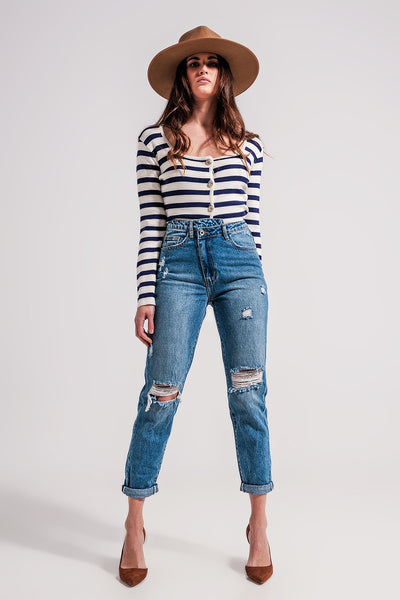 Asymmetric button detail jeans in mid blue