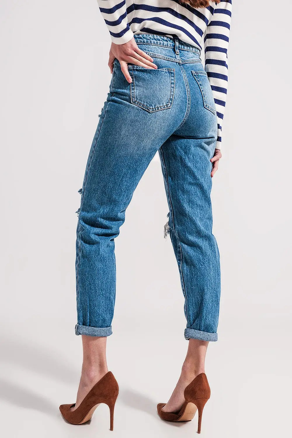 Asymmetric button detail jeans in mid blue - Jeans