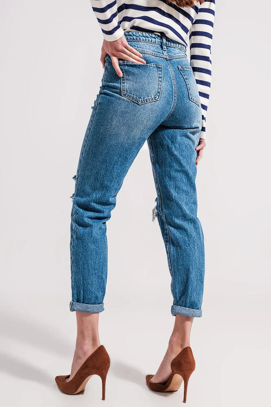 Asymmetric button detail jeans in mid blue - Jeans