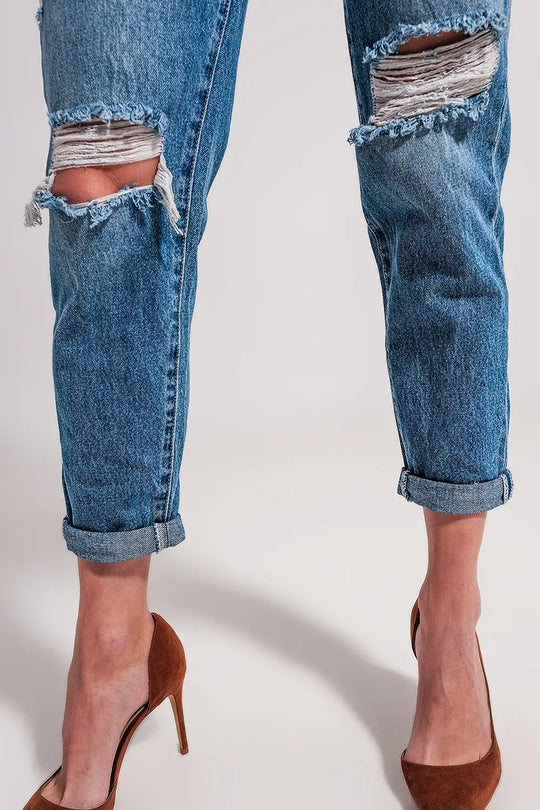 Asymmetric button detail jeans in mid blue - Jeans