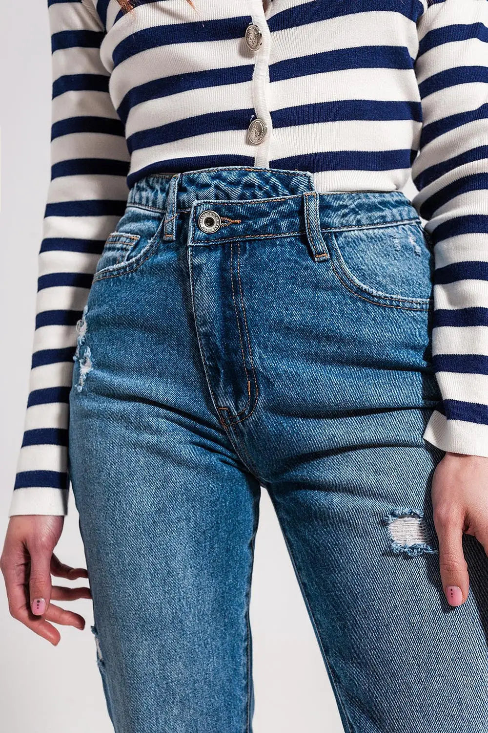 Asymmetric button detail jeans in mid blue - Jeans