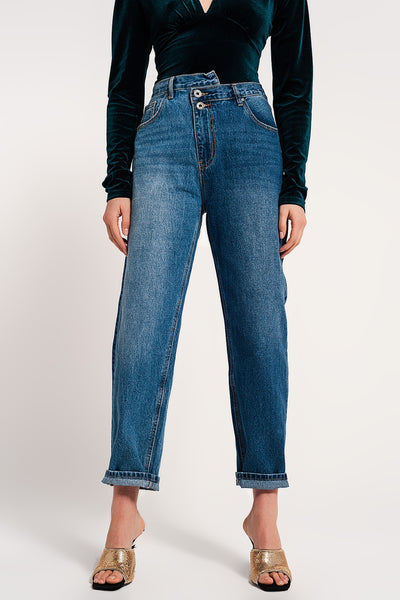 Asymmetric button detail straight jeans in mid blue