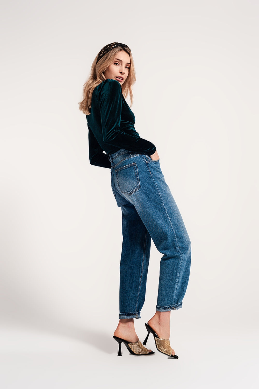 Asymmetric button detail straight jeans in mid blue