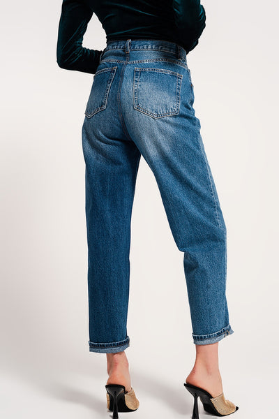 Asymmetric button detail straight jeans in mid blue