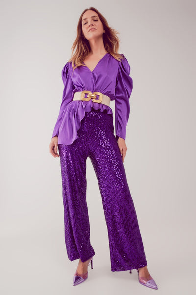 Asymmetric puff sleeve blouse in purple