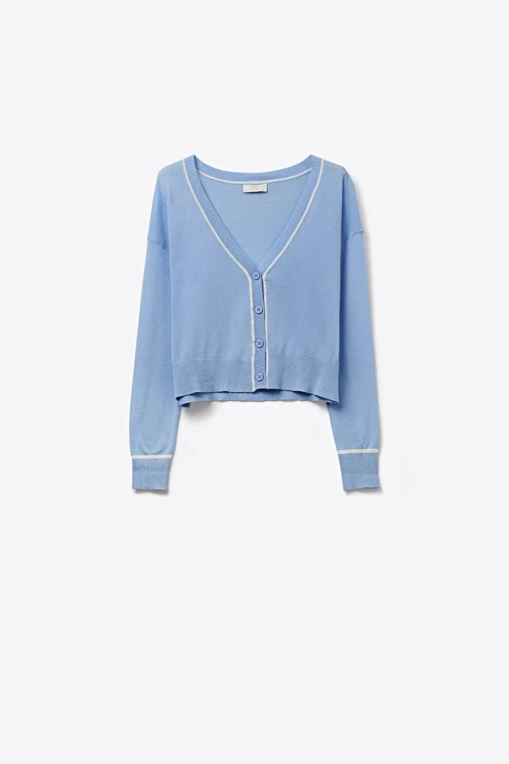 Q2 Baby blue Fine Knit Cardigan with Contrast Trim in white