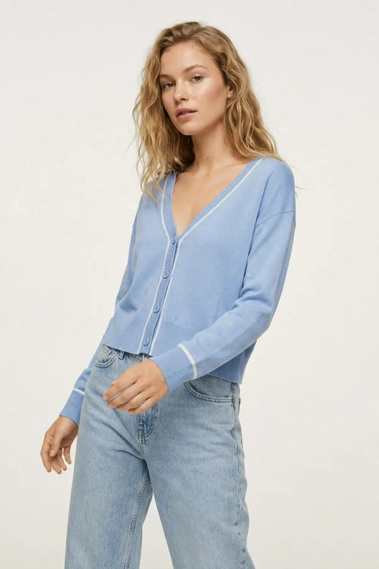 Baby blue Fine Knit Cardigan with Contrast Trim in white - One Size / Blue