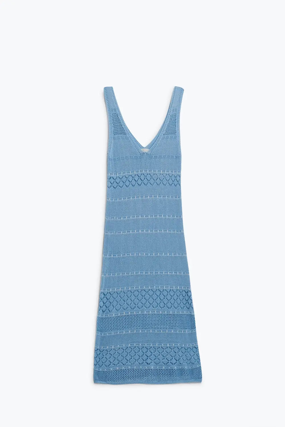 Baby Blue Midi Sleeveless Dress With V-neck and Crochet Design - Dresses