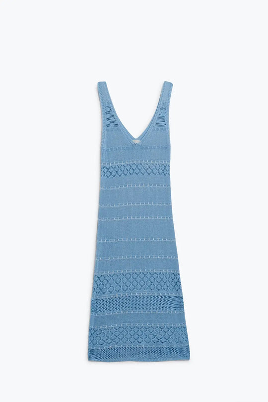 Baby Blue Midi Sleeveless Dress With V-neck and Crochet Design - Dresses