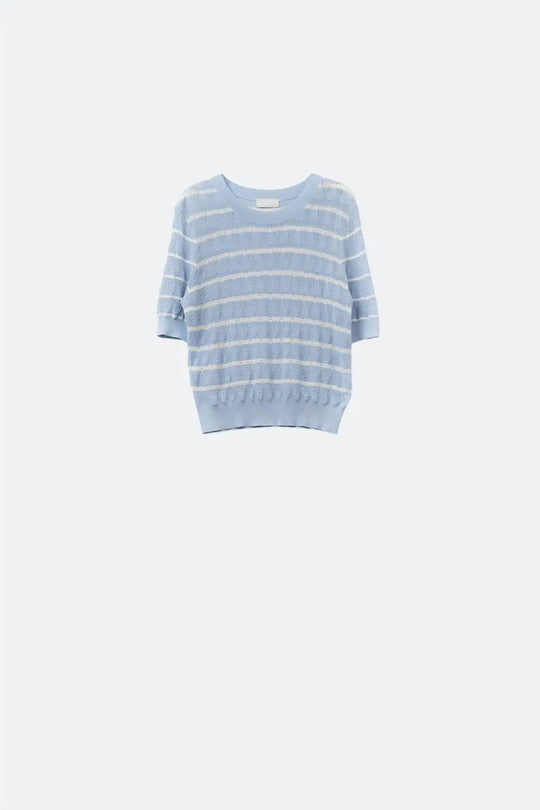 baby Blue Openwork Knit Top with Short Sleeves and White Stripes - One Size / Blue - Sweaters