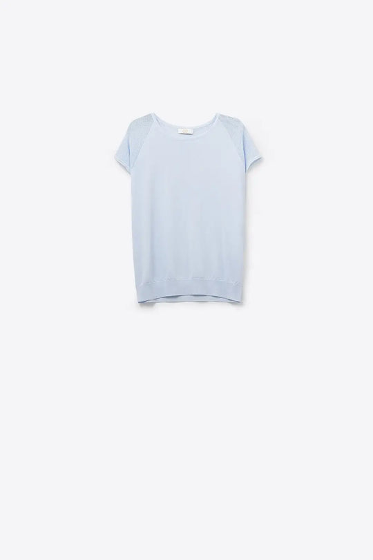 Q2 baby Blue Short Sleeve Sweater with knitted mesh on the shoulder